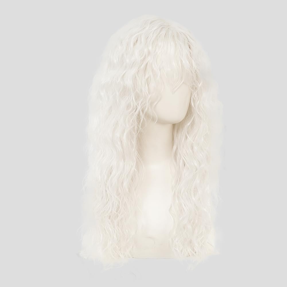 White Long Wigs with Bangs for Women Curly Wavy Wigs Synthetic Soft Hair Cosplay Halloween Costume Wig - Image 3