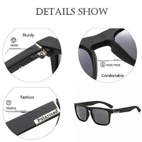 Image of Fashion Polarized Sunglasses for Men Women Sports UV400 Vintage Stylish Shades TR90 Frame Square Driving Glasses (Black /Black /Silver A1)