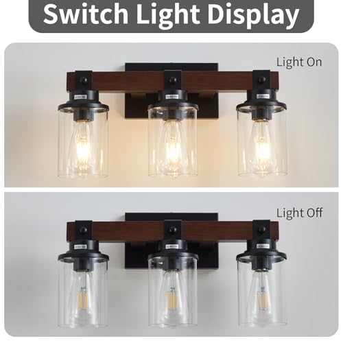 Image of Farmhouse Wood Vanity Light for Bathroom, 3-Light Bathroom Light Fixtures Over Mirror, Rustic Wall Sconces Lighting with Metal Lampshade for Bathroom, Bedroom, Hallway