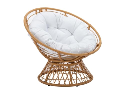 Vente-unique - Fauteuil papasan Rotatif en résine tressée - Naturel Clair et Coussin Blanc - SYNDRA de MYLIA