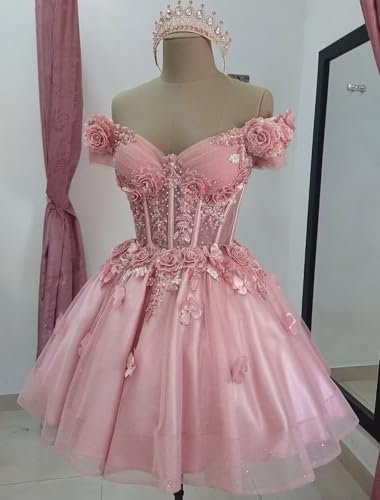 Loyeloy Sparkly Tulle Homecoming Dresses for Teens Off Shoulder Short Quinceanera Dress 3D Flower Short Ball Gown4