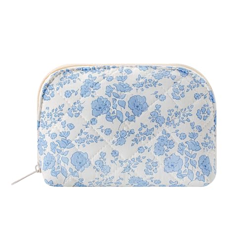 Dome Cosmetic Makeup Bag Small Cotton Quilted Makeup Pouch for Purse Cute Floral Travel Toiletry Zipper Pouch (Blue Floral)