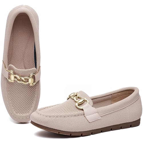 ABEJOJO Women's Loafer Shoes, Comfortable Slip on Casual Flat Penny Shoes for Walking, Driving, Dressy (Nude Knit 8W)