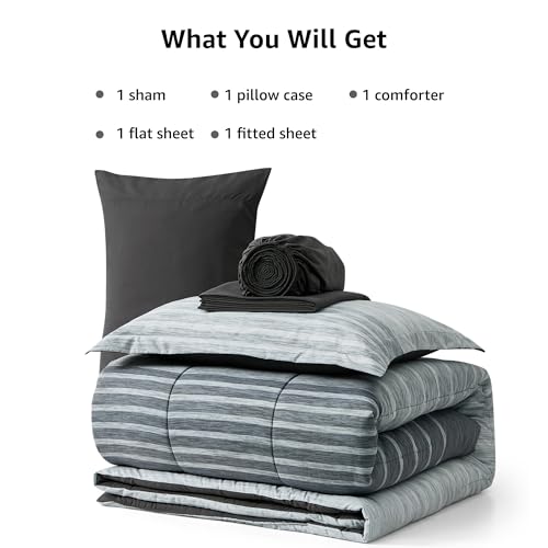 Image of Monbix Twin XL Comforter Set - Extra Long 5 Pieces Dorm Bedding Sets, Grey-Stripe Bedding Sets, All Seasons Comforter Bed Set with Sheets, Pillowcase & Sham