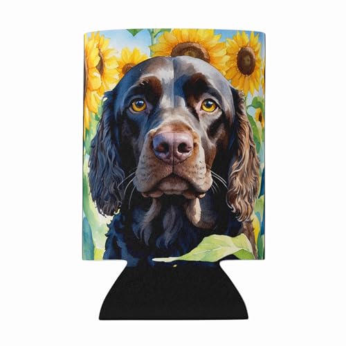 Caroline's Treasures American Water Spaniel in Sunflowers Can or Bottle Hugger Cooler Washable Drink Sleeve Collapsible Beverage Insulated Holder, Can Hugger, Multicolor