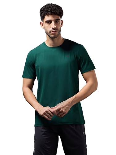 Image of TECHNOSPORT Men's Slim Fit Solid Crew Neck T-Shirt, Cotflex Quick Dry Wrinkle Resistant Polyester Sports Tee for Gym, Running, Training, Sports