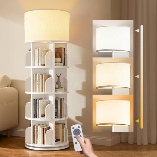Rotating Bookshelf Tower with Lights, Revolving Swivel Bookcase for Small Space, Rotating Wooden Corner Bookshelves for Kids' Room, Bedroom，Living Room, White