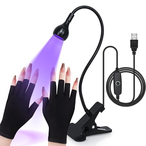 mlogiroa Nail Lamp with Gloves - Mini U V Light for Gel Nails with Gooseneck 3W Portable Clamp U V Light with USB Charge Lamp for Salon(Black+G)