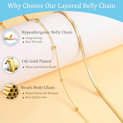 CHESKY Gold Waist Chain for Women, 14K Gold Plated Silver Layered Belly Belt Chains Sexy Bikini Beach Waist Beads Chain Waterproof Snake Pearl Cuban Body Chain Summer Jewelry Accessories for Women4
