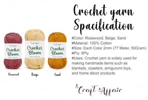 Image of Craft Affair | Crochet Bloom Cotton Yarn 8ply (Each Color 2mm, 77Meter, 50Gram) 100% Pure Cotton | for Knitting Yarn | Craft & DIY Project: Rosewood, Beige, Sand