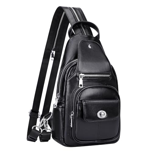Image of Over Earth Genuine Leather Sling Bag for Women Men Small Causal Crossbody Purse Chest Backpack(O212E Classic Black)