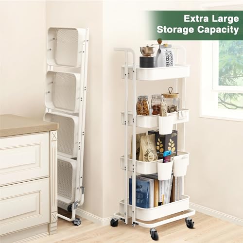 Image of DTK 4 Tier Foldable Rolling Cart, Metal Utility Cart with Lockable Wheels, Folding Storage Trolley for Living Room, Kitchen, Bathroom, Bedroom and Office, White
