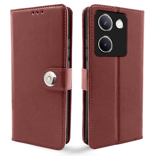Image of Pikkme Vivo Y200 Pro 5G Flip Cover Leather Finish | Inside TPU with Card Pockets | Wallet Stand and Shock Proof | Complete Protection Button Flip Case (Brown)