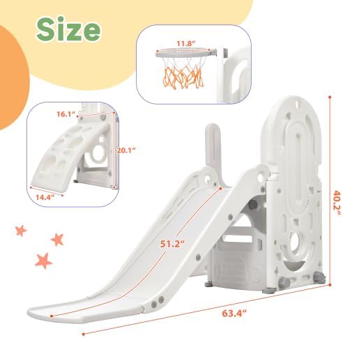 Toddler Climber and Slide Set 4 in 1, Kids Playground Climber Freestanding Slide Playset with Basketball Hoop Play Combination for Babies Indoor & Outdoor 3+ (Grey)