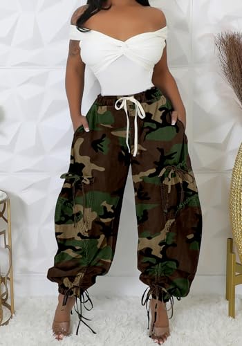 Women's Barrel Jeans Boyfriend High Waisted Baggy Camo Jeans Bow Tie Cargo Sweatpants with Drawstring Streetwear2