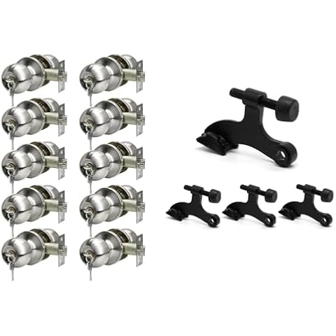 SUNTAI Ball Stainless Steel Entry Door Lock and 4 Pack Hinge Pin Black Door Stopper Set Cover