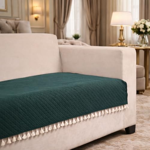 Image of 3-Seater Quilted Velvet Sofa Cover with Tassels | Geometric & Solid Color Design | Elegant Sofa Protector for Living Room | Soft, Washable & Stylish Home Decor (Dark Green)