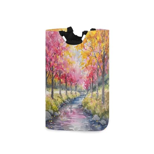 Jihqo Laundry Hamper Basket Watercolor Street Blossom Trees Collapsible Nursery Storage Bin Waterproof Clothing Baskets for Home Bedroom Bathroom Washing Room