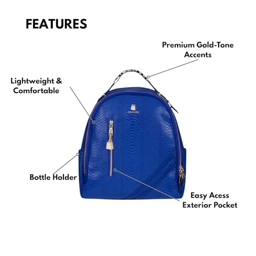 Image of Tote&Carry Apollo BFF Backpack for Women, Vegan Leather, Water-Resistant, Carry-On Luggage for Travel, Work & Daily Use (Snake Skin, Royal Blue)