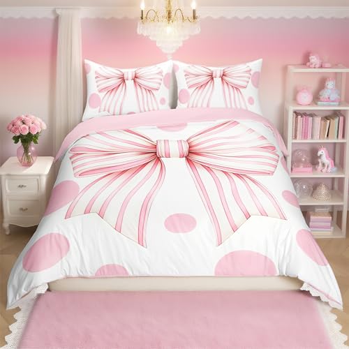 Housse de couette rose et blanche nœud papillon contre lit terne - 2