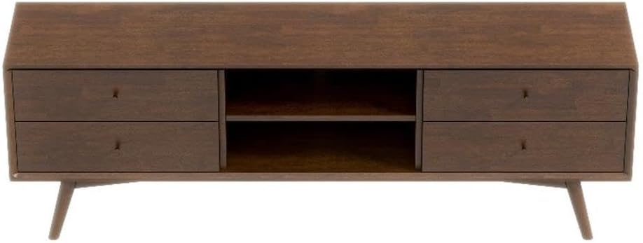 Pemberly Row Mid-Century Solid Wood TV Stand, Walnut Stained Finish, 23" H x 70.5" W x 15.5" D, Fits TVs up to 65", 4 Drawers, 2 Shelves, Durable Modern Design for Living Room or Office Storage