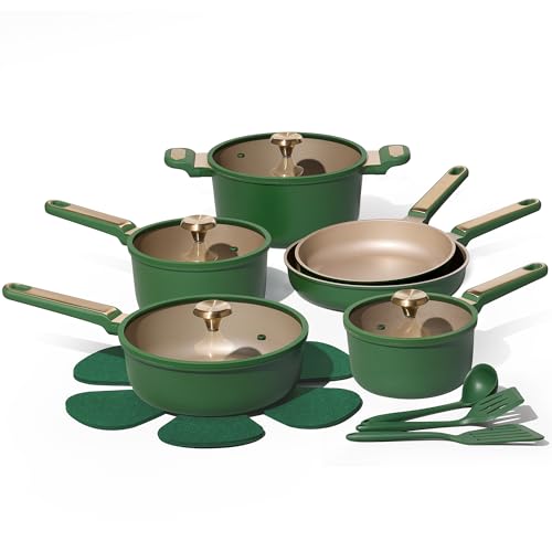 CAROTE Pots and Pans Set Non stick, 18pcs NonStick Kitchen Set Induction Cookware Non-toxic Cooking Set, Dishwasher/Oven Safe,Cookware Set,Green