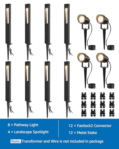 SUNVIE 12-Pack Low Voltage Pathway Lights Wired with Spotlights LED Outdoor Landscape Lighting Kit for Path, Garden, Yard, Patio, Cast-Aluminum, IP65 Waterproof, 12-24V AC/DC, 3000K Warm White, Black - Thumbnail 7