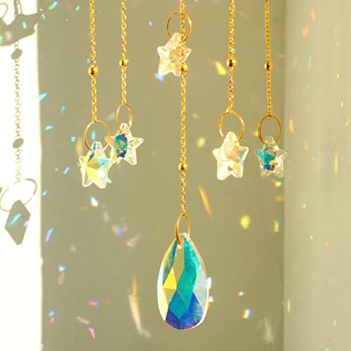 Crystal Window Suncatcher-Hanging Crystals Wind Chime Moon And Stars Crystal Beads Window Prism Suncatcher Garden Outdoor Decorations For Patio Witchy Home Decor Sun Ornament Mothers Gift #TOP3