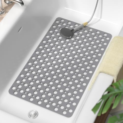 HITSLAM Bathtub Mat Non Slip, 30 x 17 Inch TPE Bath Mat for Tub, Efficient Drainage Bathroom Shower Mat with Suction Cups, Bath Tub Mat, Soft on Feet and Easy to Clean, Grey