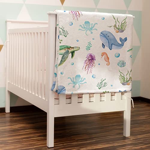 Sea Animals Flannel Baby Toddler Blanket Gift For Girls And Boys Marine Turtle Whale Jellyfish Sea Horse Weeds Sealife Receiving Blanket Newborn Nursery Bed Blanket Swaddle Crib Blanket 30X40 #TOP3