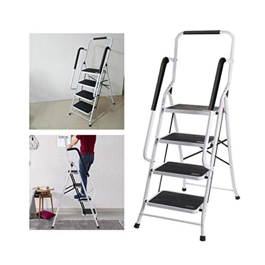 4 Stufen Klappleiter mit Handlauf Trittleiter Klappbar Tragbare kompakte Leiter Rutschfeste Matte Einfache Aufbewahrung Stehleiter für Home Kitchen Office DIY 150 kg max Belastung