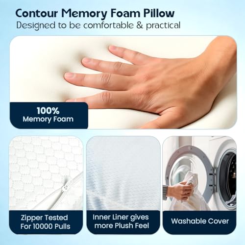 Image of Memory Foam Contour Pillow for Neck & Cervical Pain Relief | Ergonomic Neck Pillow for Back, Side & Stomach Sleepers | Washable Cotton Cover, Breathable Airflow Design - White, 30 x 50 x 10 CM