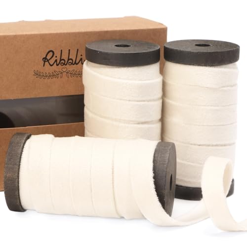 Ribbli Cream White Velvet Ribbon 3 Rolls Double Faced 3/8 Inch 18-Yard with Wooden Spool Use for Christmas Tree Ornaments Gift Wrapping Wreath Decoration Wedding Boutonnieres