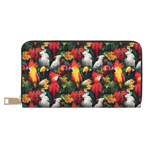 Tropical Plant Red Parrot Print Wallet Women, Leather Bifold Multi Card Wallet, Long Purse Women's Wallets