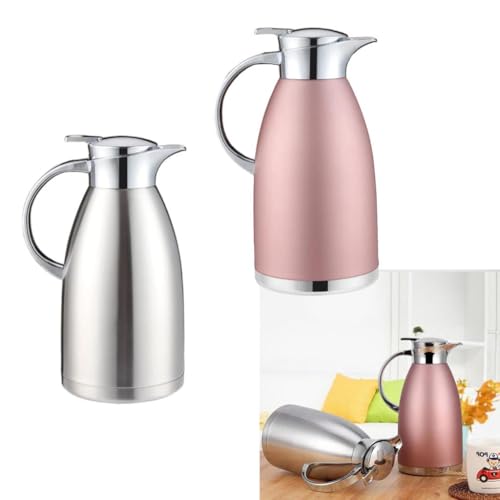 2 jarras térmicas de café con aislamiento al vacío, olla de agua de acero inoxidable, capacidad de 2,3 L, rosa + plata, diseño de doble pared, enchufe de silicona ecológico