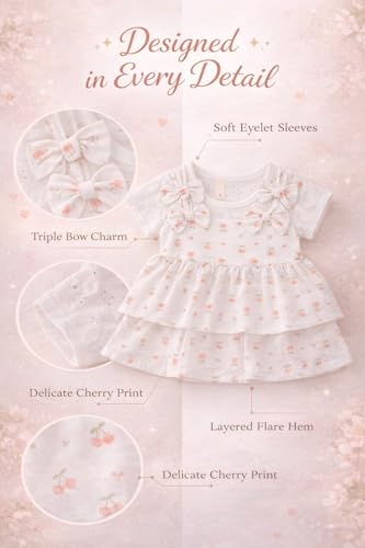 Image of Bold N Elegant Baby Girl Cotton Summer Dress Frock with Cherry Print n Bow | Short Sleeve Casual Outfit for Infant Toddler Girls