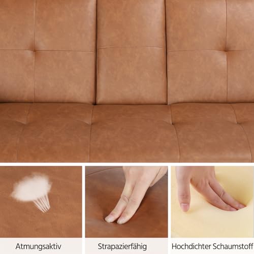 Yaheetech 3er-Sofa Schlafsofa Couch mit Tassenhalter Gästebett, Rückenlehne neigbar 105°/140°/180°, 167 x 81,5 x 75 cm, 350 KG belastbar, braun Kunstleder