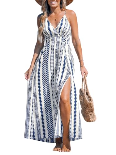 Image of CUPSHE Women Halter Backless Summer Dresses Spaghetti Strap Side Slit Casual Beach Sundress Holiday Vacation Maxi Dress
