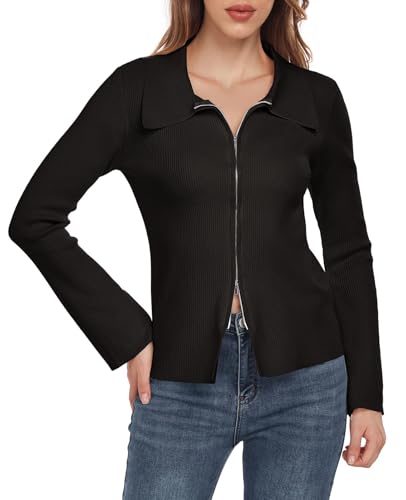 Image of Women's Zip Up Sweater Long Sleeve Polo V Neck Ribbed Knit Slim Cropped Sweater Pullover Trendy Tops
