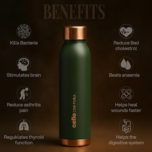 Image of CELLO Evita Copper Water Bottle For Daily & Office Use 1000 ml, Green | Leakproof & Rustproof ISI Certified Single Wall 100% Pure Copper Promotes Immunity, Improve Digestion & Supports Healthy Living