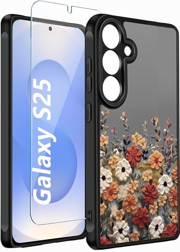 TXXO for Samsung Galaxy S25 Case Clear Cute Flowers,Galaxy S25 Case Floral with Screen Protector [Camera Protection] Slim Shockproof Cover for Samsung S 25 Phone Case for Women Girly, Matte Black