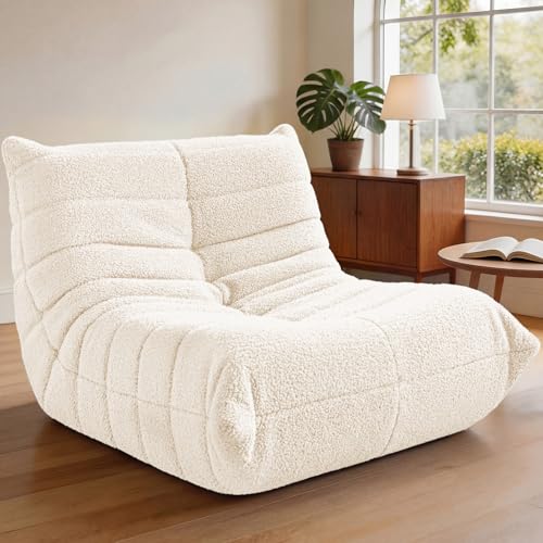 Image of HABUTWAY Bean Bag Chairs Fireside Lazy Floor Sofa,Single,Beige | Soft Teddy Fleece Bean Bag Sofa with High-Resilience Foam Filling,Beanbag for Living Room, Bedroom, Office