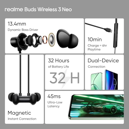 Image of Real Me Neckband 3 Neoo in Ear Bluetooth with 14.4 Mm Dynamic Bass Boost Driver,Upto 32 Hours Playback,Fast Charge,Ai Enc,45Ms Low Latency,Ip55 Dust&Water Resistannt for Apple & Android (Black)