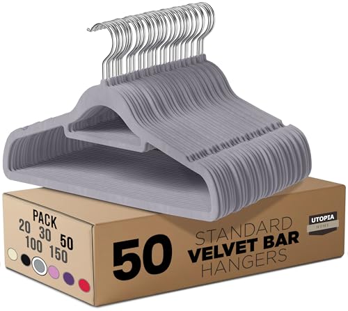 Utopia Home Cintres en Velours – Antidérapants, durables avec Barre à Cravate – Cintres Peu encombrants pour Chemises, Vestes et Robes (Gris, Lot de 50)