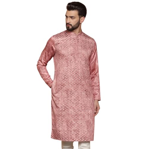 Image of KISAH Men's Navy Blue Printed Cotton Kurta - Regular Fit Long Tunic with Mandarin Collar | Ethnic Wear for Weddings & Festive Occasions