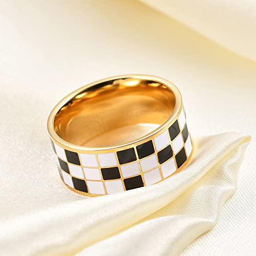 Image of PAMTIER Unisex 8mm Black and White Checkerboard Pattern Signet Ring | Stainless Steel