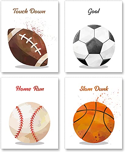 Image of Watercolor Sport Football Basketball Soccer Softball Boys Room Decor Wall Art Motivational Prints Paintings for Bedroom Nursery Playroom Classroom Decoration Funny Gifts (8x10 inch，Set of 4，Unframed)