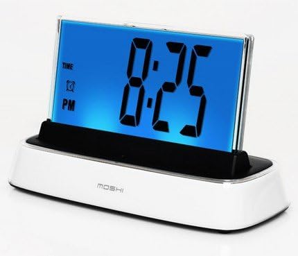 Front view of the Moshi Voice Controlled Talking Alarm Clock displaying 8:25 PM.