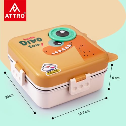 Image of ATTRO Carnival Super Dino Lunch Box 2 Layer Stainless Steel Lunch Box Comes with 1 Detachable Tray, 1 Small Container & 1 Spoon Ideal for Kids BPA Free 1120ml+70ml- Yellow