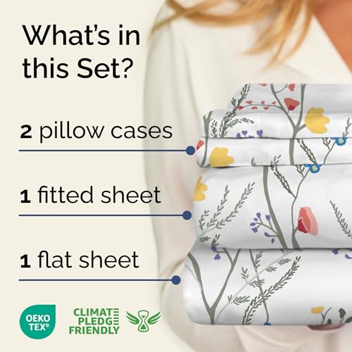 Image of Full 3 Piece Floral Sheet Set - Soft, Breathable & Cooling - Wild Flower | 1 Flat, 1 Fitted & 1 Pillowcase w / Deep Pockets, Boho Botanical Floral Bedding, Breathable & Cooling, Wrinkle & Fade Free